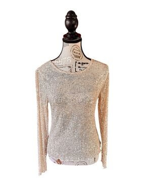 Lucky Brand Sequin Knit Top • Medium • Long-Sleeves • Champagne • NWT